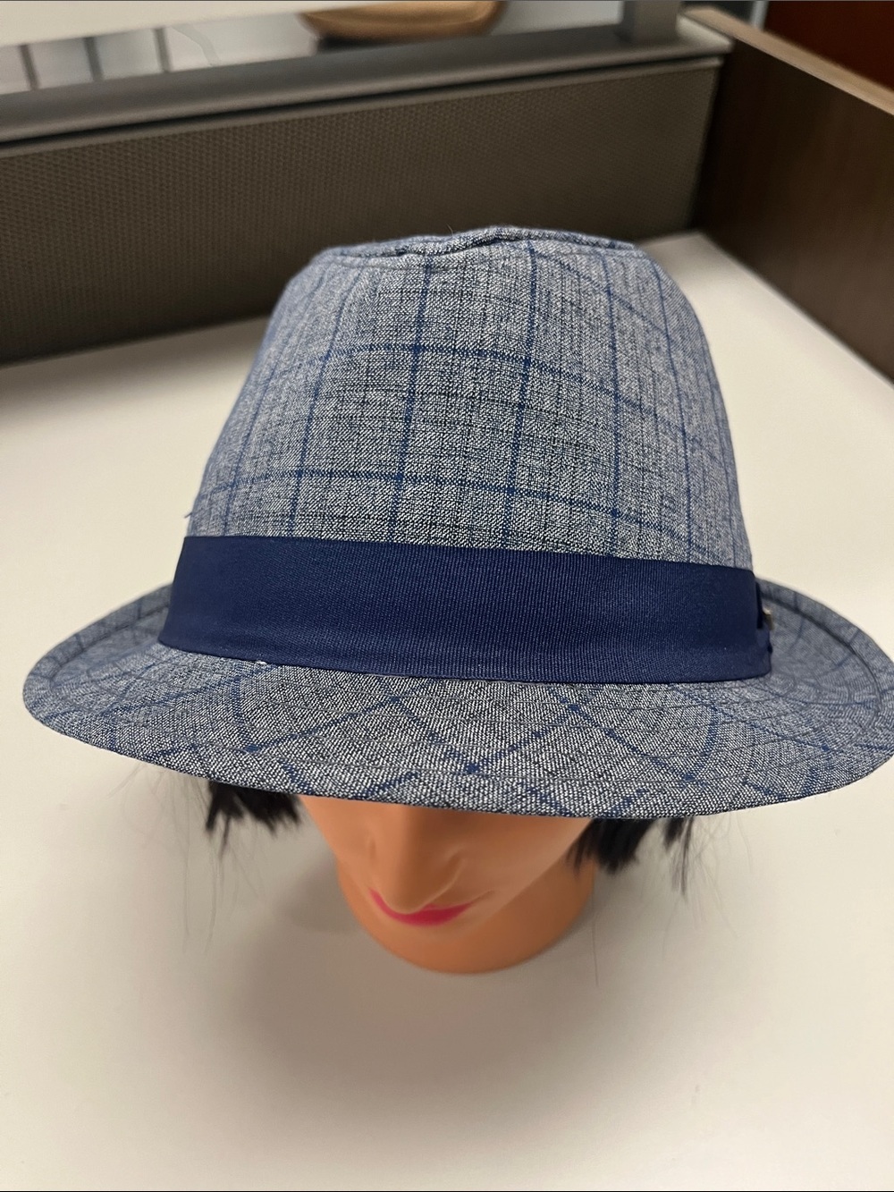 Biltmore Light Blue Plaid Fedora with Navy Band size XL